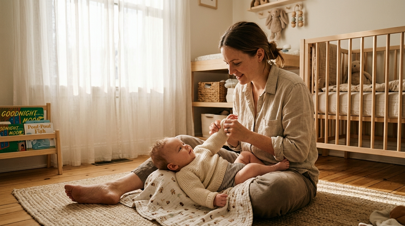 A parent gently dressing a baby in a soft knit sweater in a sunlit nursery