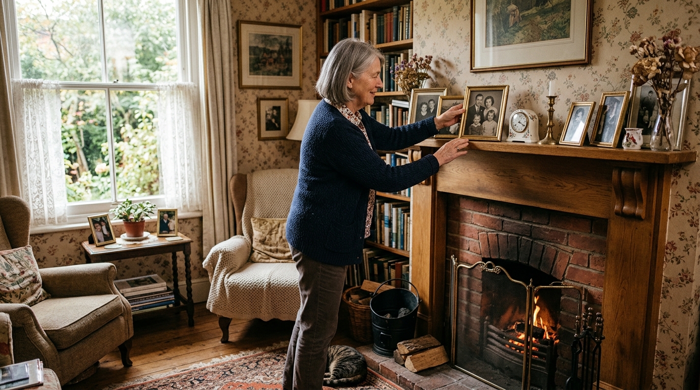 An older woman adjusting a framed photo on her living room mantel