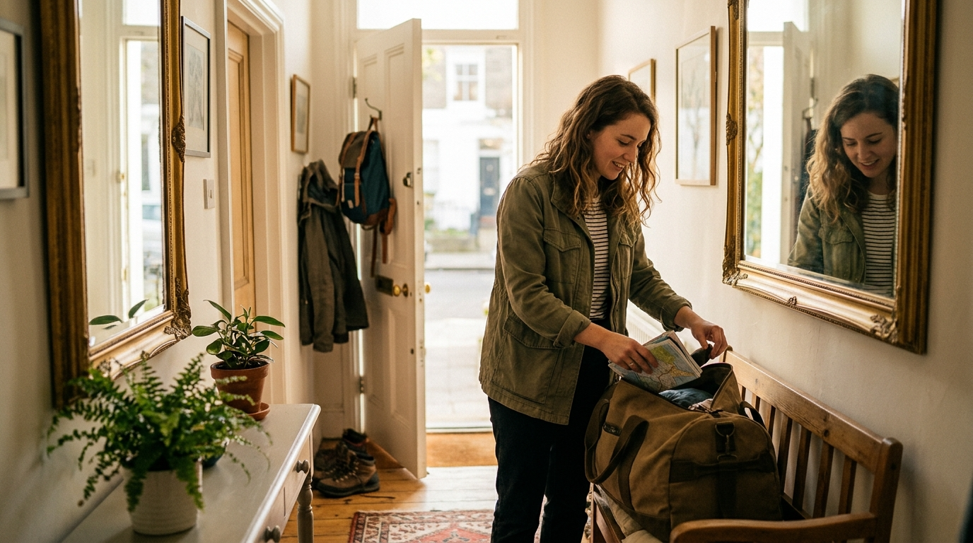 A person packing a bag by the front door on the morning of a first day at a new job