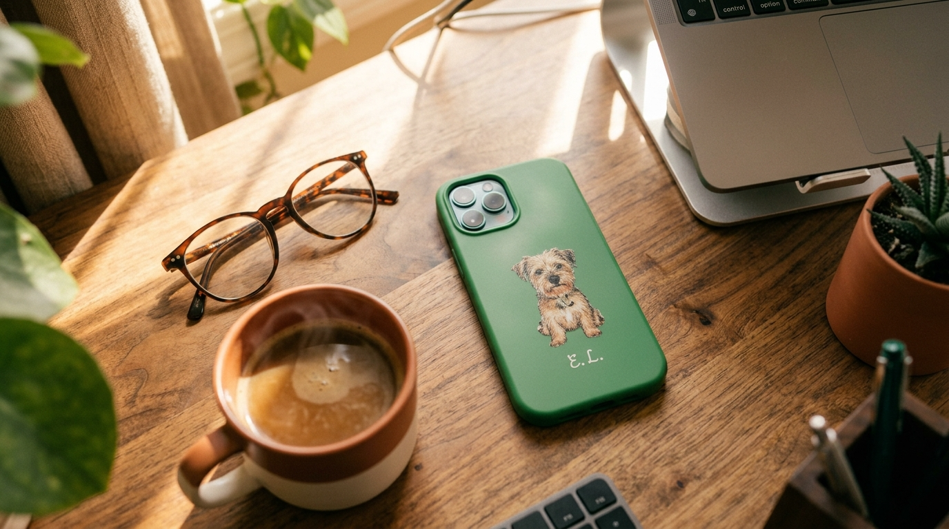 Green custom pet photo iPhone case with text lying on a wooden desk