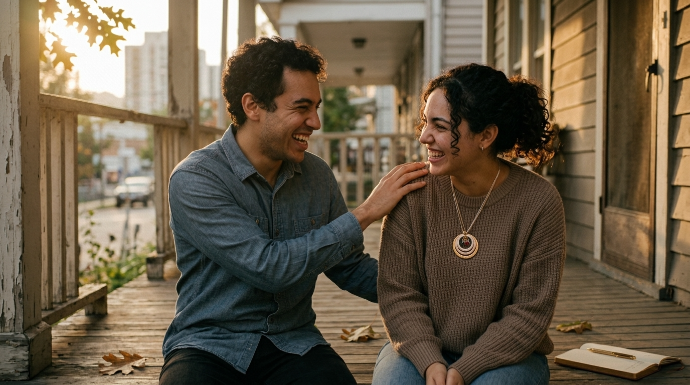 Two adult siblings laughing together on a porch step in warm afternoon light