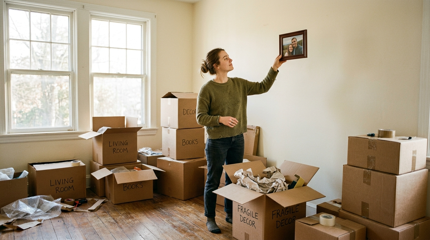 A person unpacking moving boxes and holding up a framed photo in a new living room