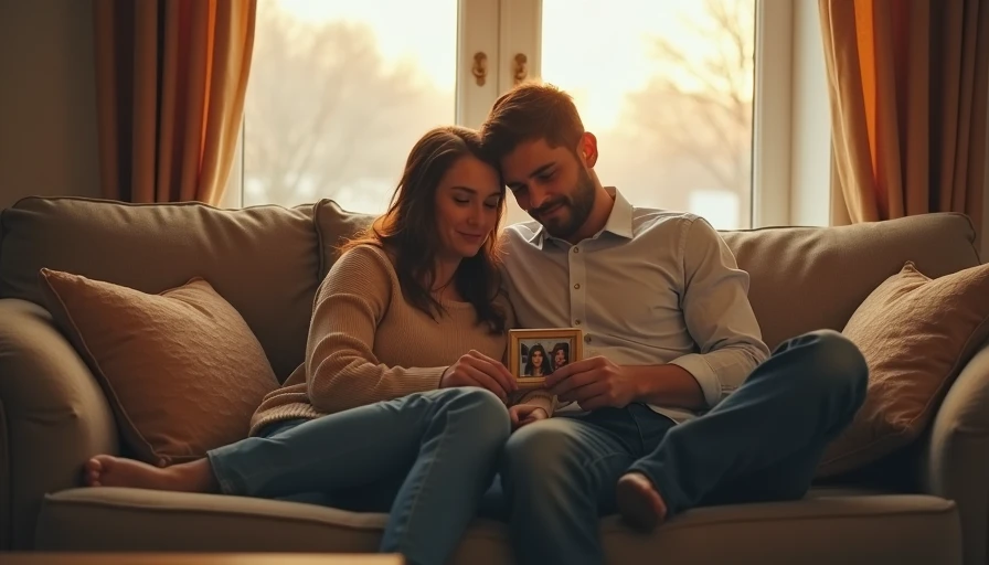 A couple sitting on a couch in warm evening light, looking at a framed photo together