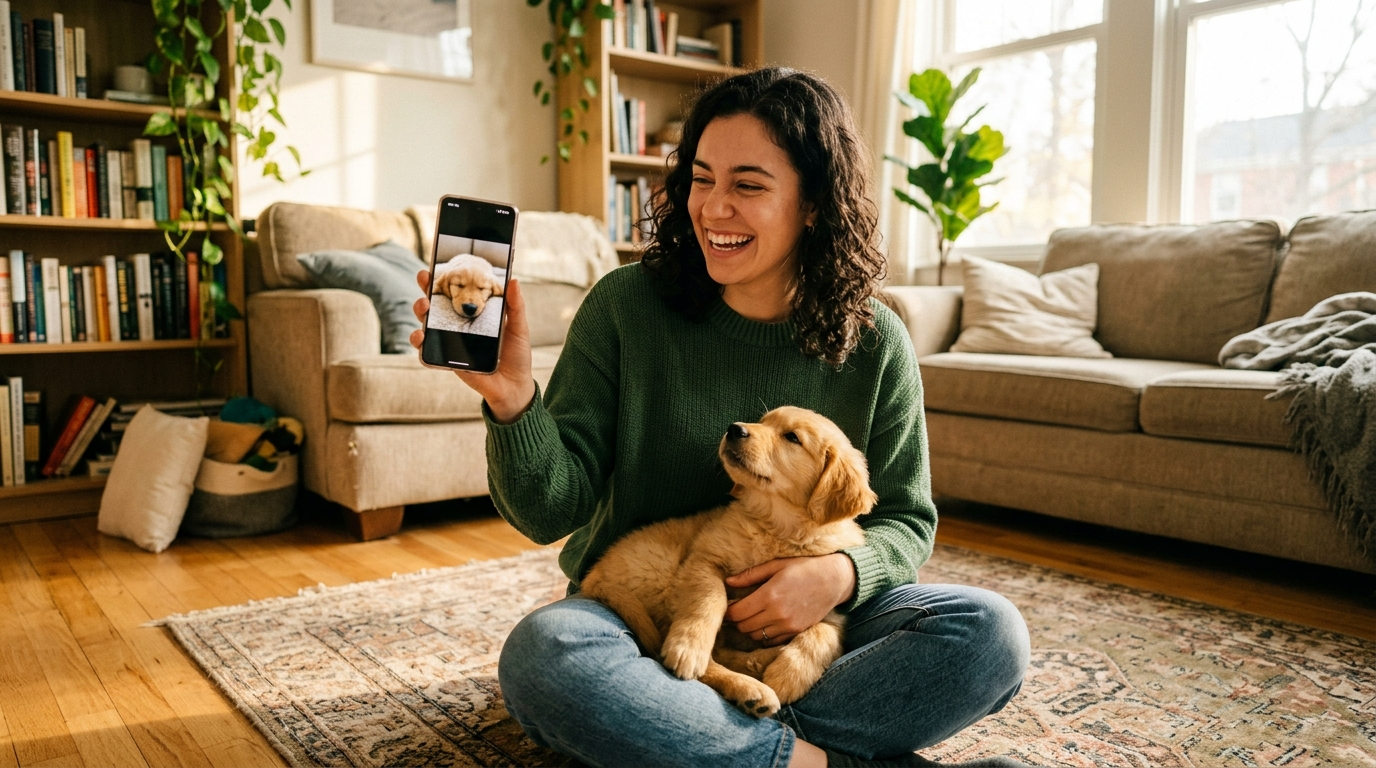 A person sitting on the floor with a new puppy in their lap in warm afternoon light