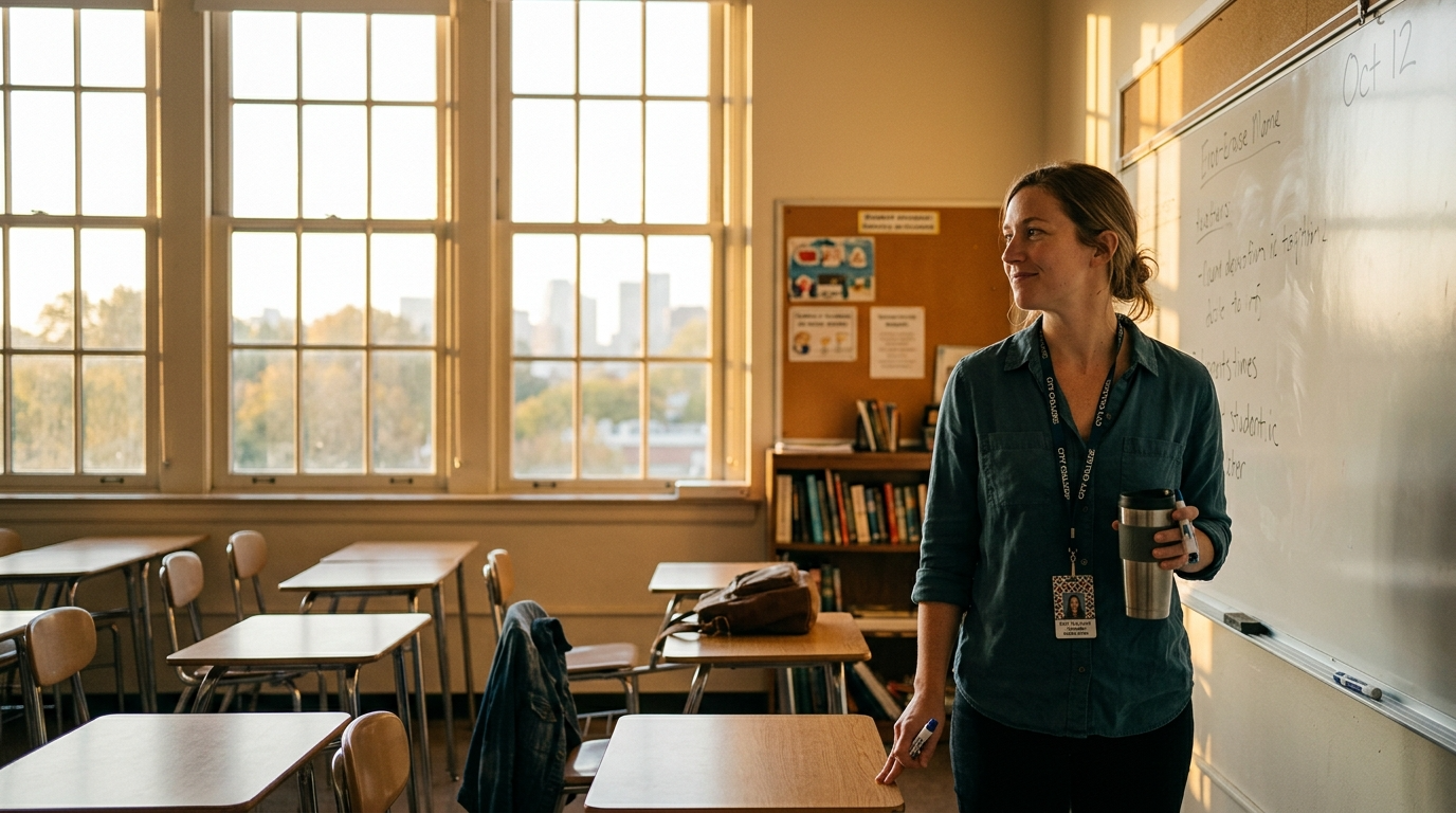 A teacher standing in a classroom with an ID badge clipped to their lanyard in warm morning light