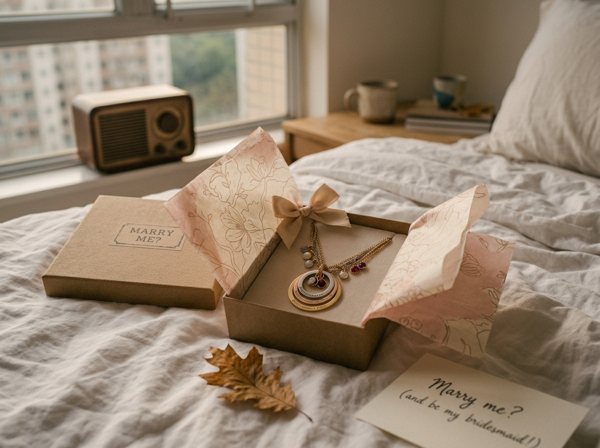 An opened bridesmaid proposal box with tissue paper and a ribbon, styled on a bed in soft morning light