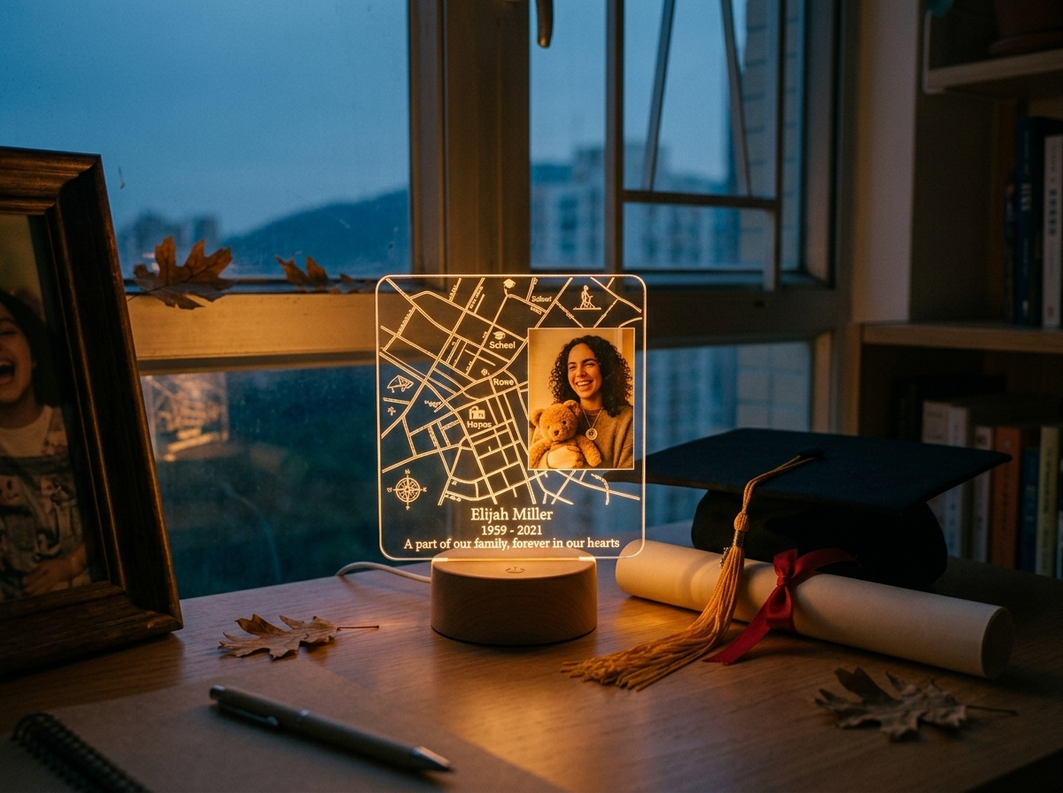 A glowing acrylic photo night light on a desk beside a graduation cap and diploma