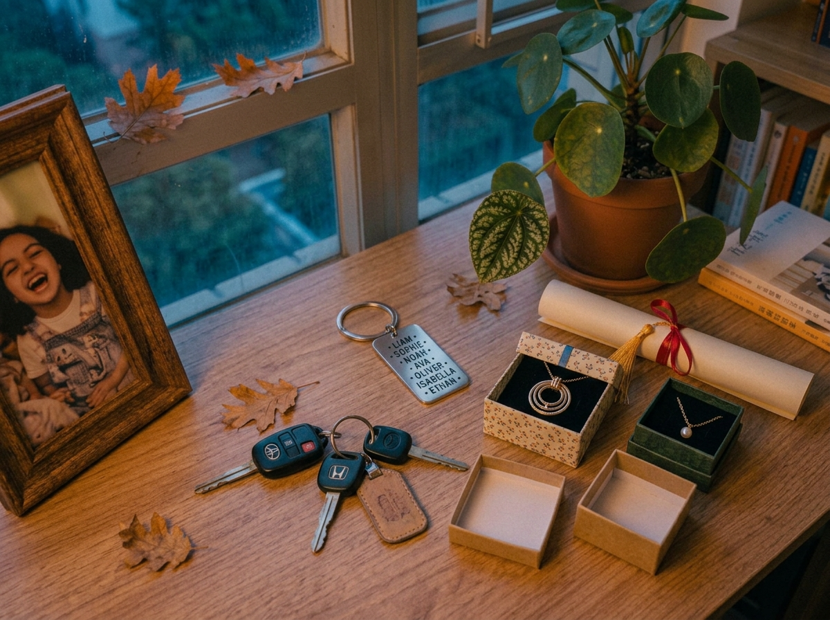 A stainless steel keychain engraved with names resting on a wooden desk beside a set of keys