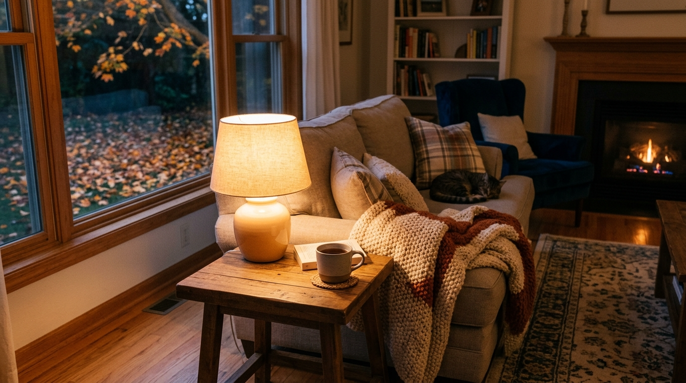 A cozy living room on an autumn evening with a knit blanket, warm lamp, and tea on a side table