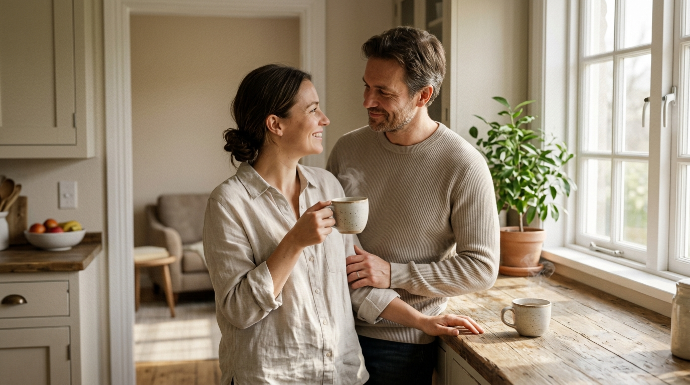 A couple in a bright kitchen sharing a quiet morning moment with coffee