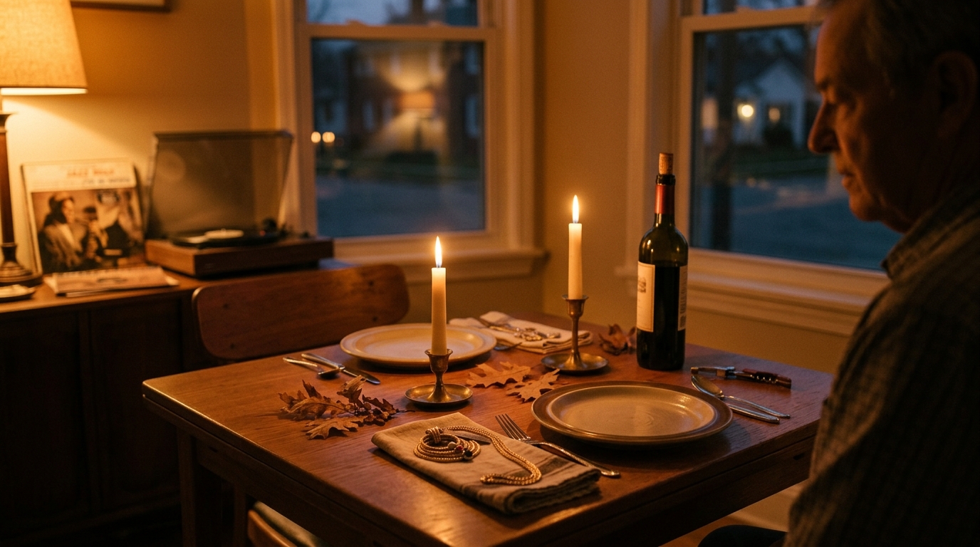 A small dining table set for two at home with candles, wine, and a vinyl record playing