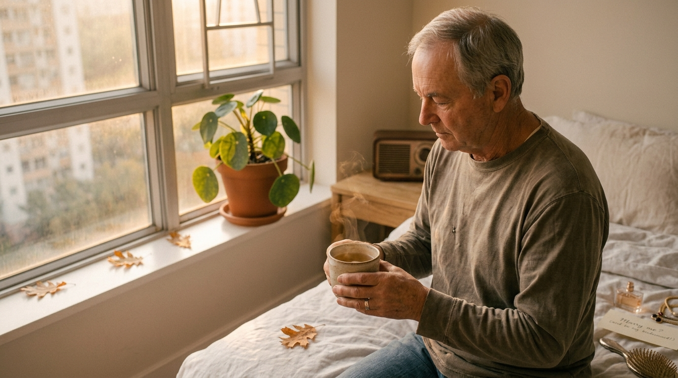 A person sitting on the edge of a bed holding tea in soft morning light, minimal clean bedroom