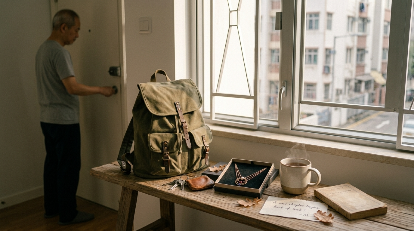A canvas backpack on a bench by the front door with keys and a handwritten note, morning light