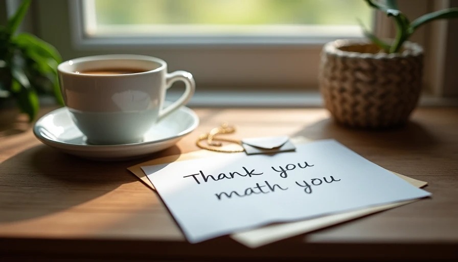 A small desk with a handwritten thank-you card, coffee, and a delicate envelope necklace in afternoon light