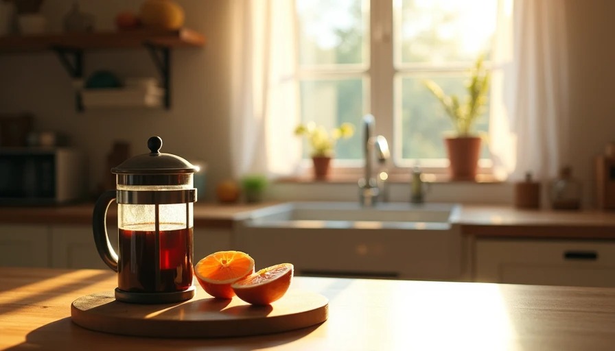 A kitchen counter on a Saturday morning with coffee and fruit in warm sunlight