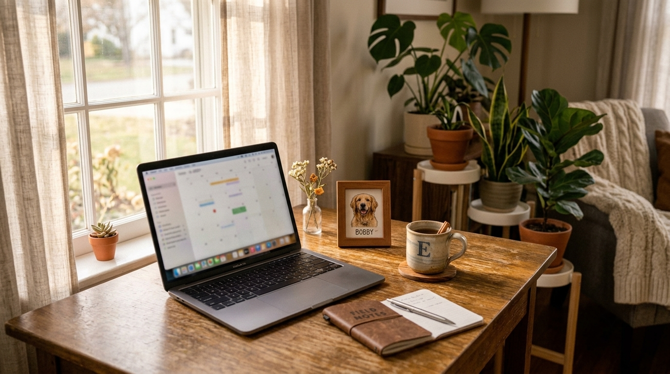 A personalized home office desk with a photo frame and coffee cup in soft natural light