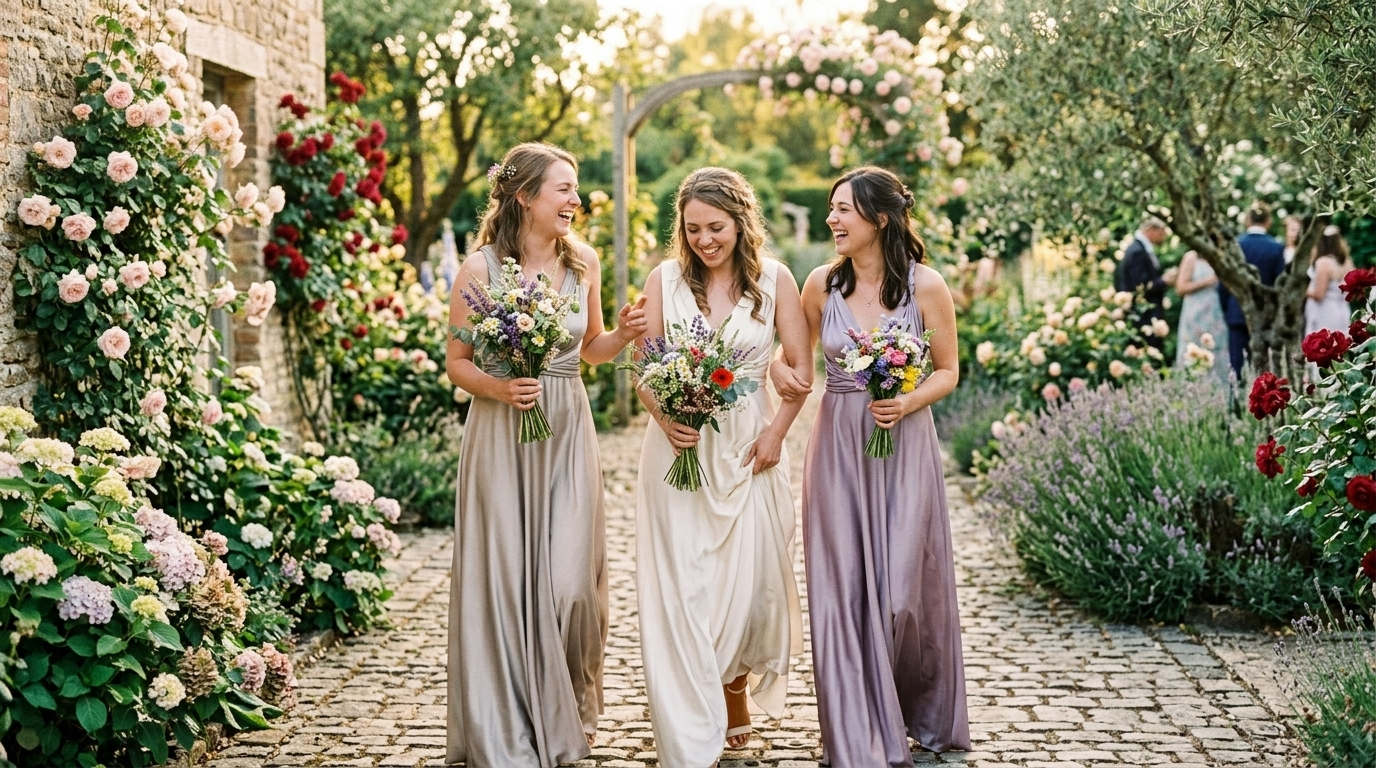 Three women in a garden, one in a pink bridesmaid dress, holding wildflowers in golden light