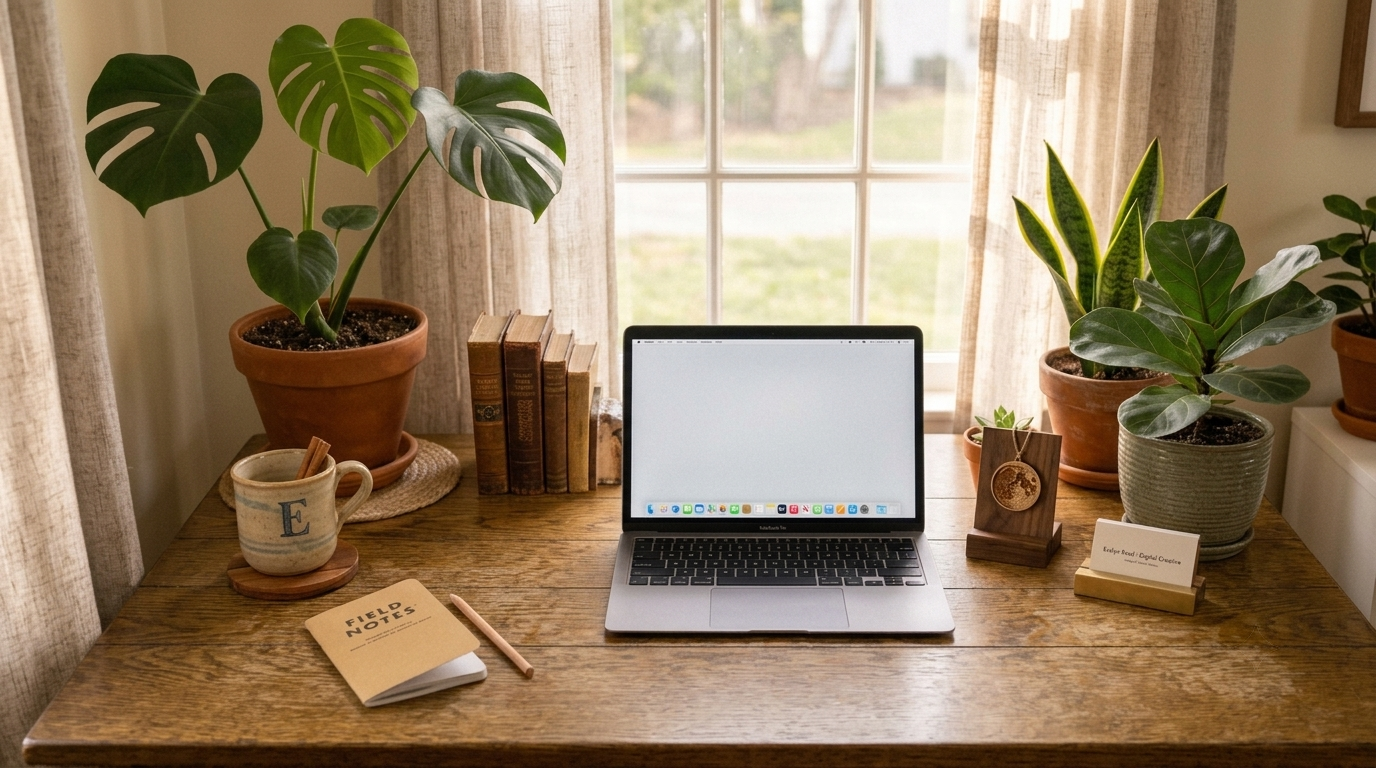 A cozy home office desk with personalized accessories and soft morning light