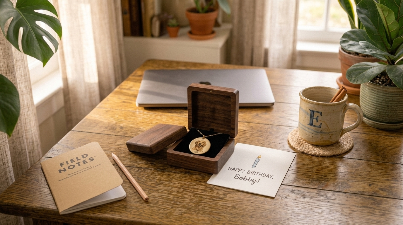 A gift box with a photo necklace and a birthday card on a wooden table