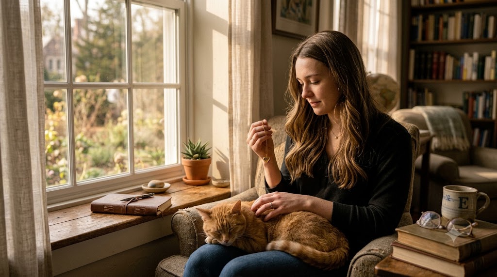 A woman by a window with her cat, holding a small pendant necklace in soft golden light