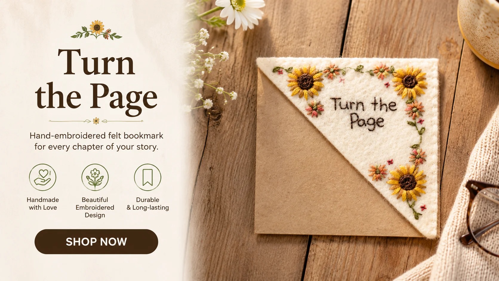 Hand-embroidered felt corner bookmark with sunflower design and Turn the Page text.