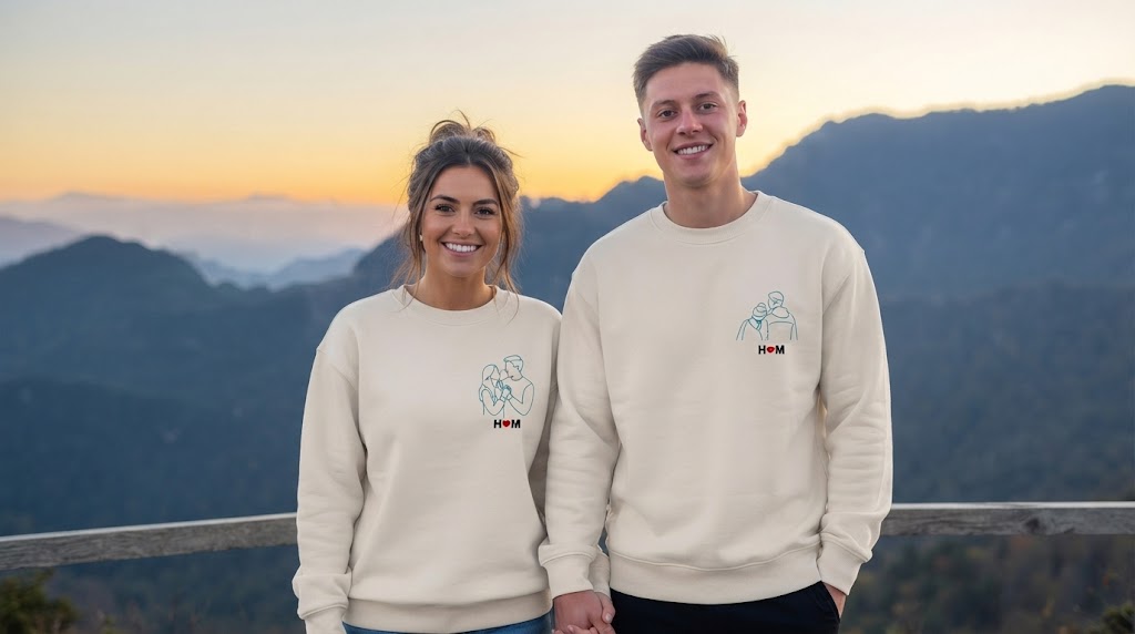 Couple in matching custom line drawing sweatshirts with initials