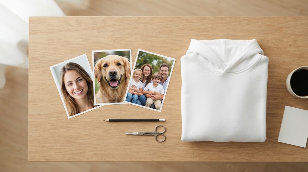 Three printed photos beside a folded oatmeal hoodie while choosing a photo for a custom hoodie