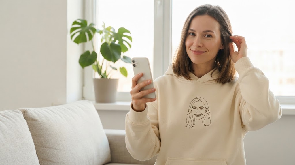 Woman wearing a custom hoodie with picture stitched as a line-art portrait while holding a phone