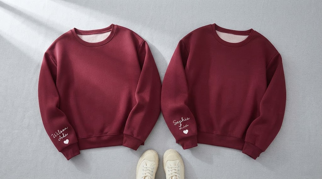 Two custom text sweatshirts with personalized names laid side by side