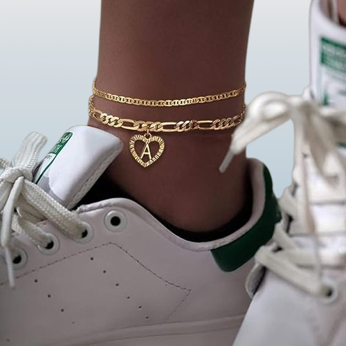 14K gold plated women's monogrammed anklet: hand layered Figaro chain with customized initials and heart elements for an exclusive ankle bracelet