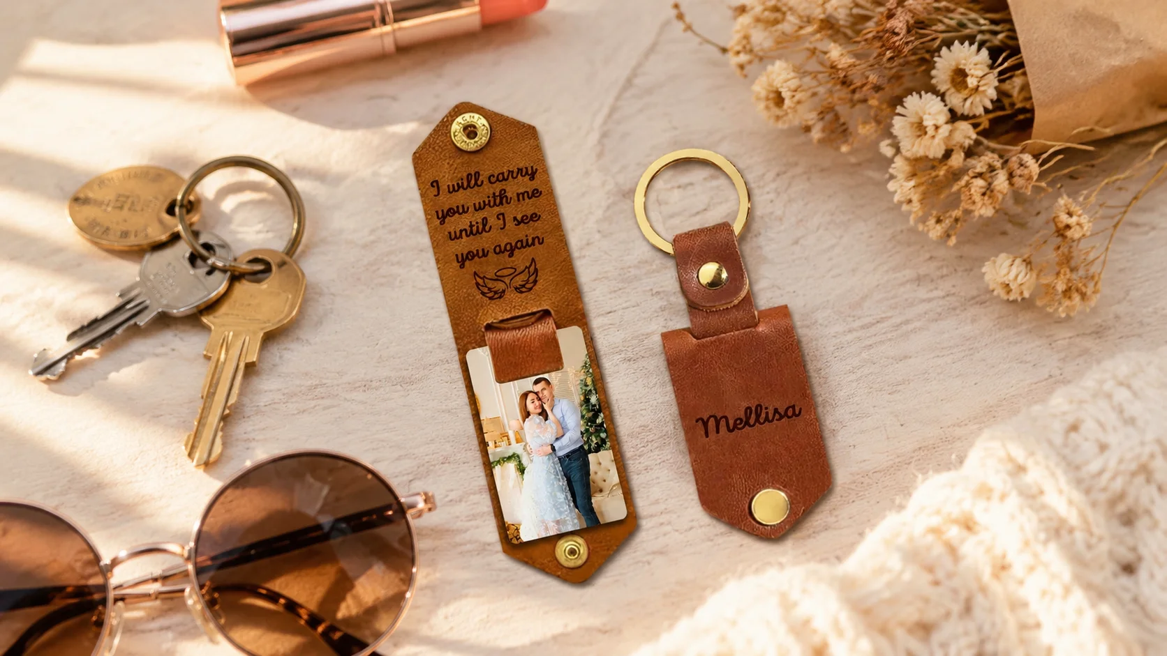 Personalized PU leather keychain for her with engraved name and photo slot, styled on a wooden table with keys and everyday accessories