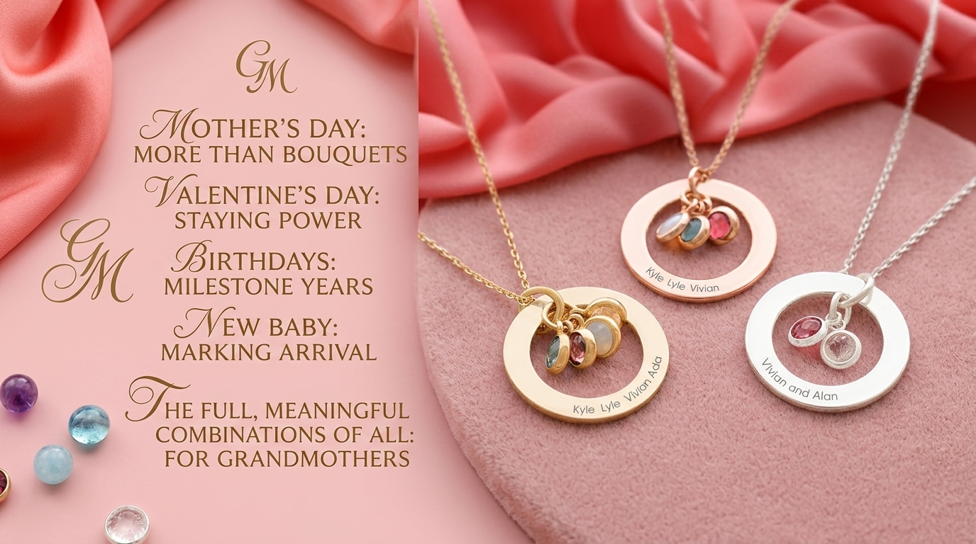 Customized birthstone necklace gift for Mother's Day, Valentine's Day, birthdays, and grandmothers.