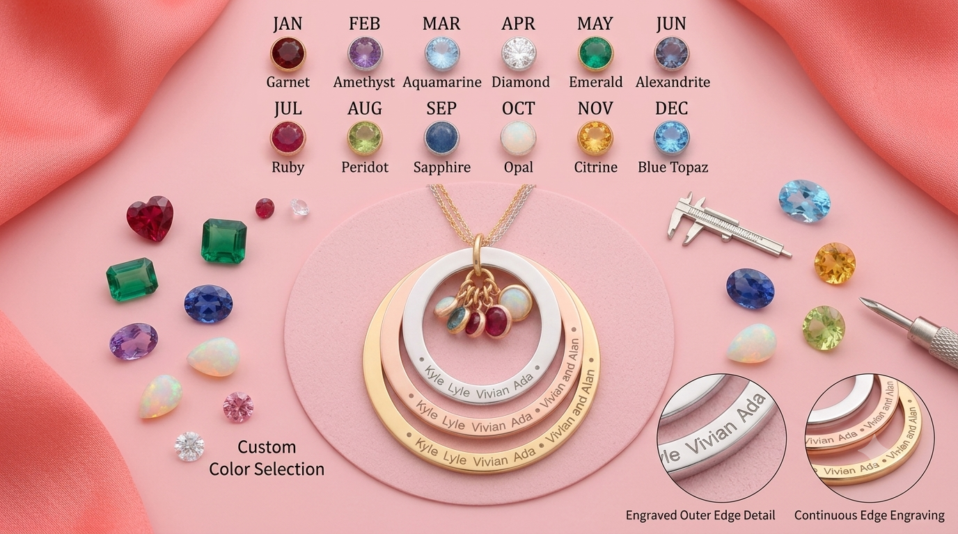 12 birthstones chart and continuous edge engraving details for custom family necklaces.