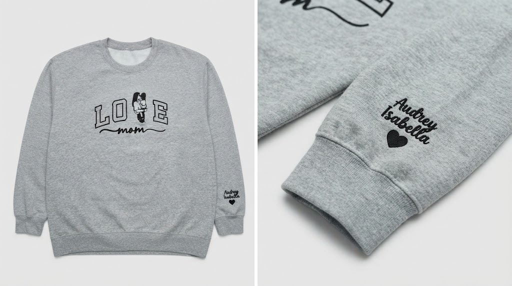 Sweatshirt with "Love Mom" and sleeve embroidery