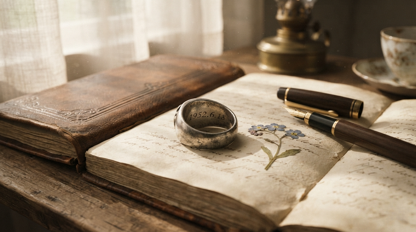 Extreme close-up of a worn antique silver ring with "1952.6.18" engraved inside, resting on an open vintage journal with dried flowers and a fountain pen