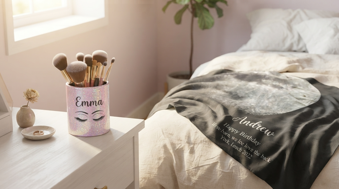 Sunlit bedroom scene featuring a personalized glitter makeup brush holder on a vanity and a custom moon phase blanket casually draped on a bed, both elegant personalized birthday gifts.