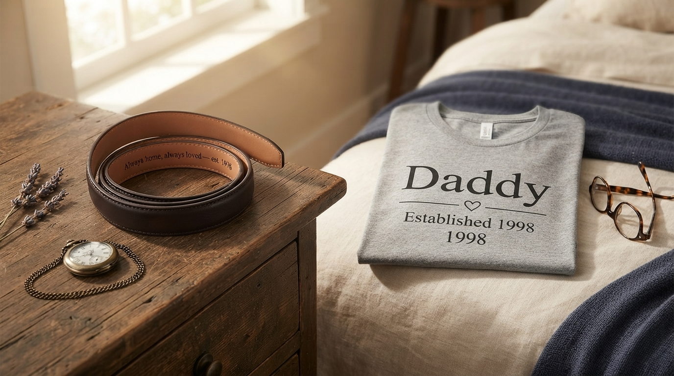 A 50th birthday morning still life featuring a personalized engraved leather belt coiled on a dresser and a "Daddy Established" T-shirt folded on a bed, both meaningful milestone gifts for him.