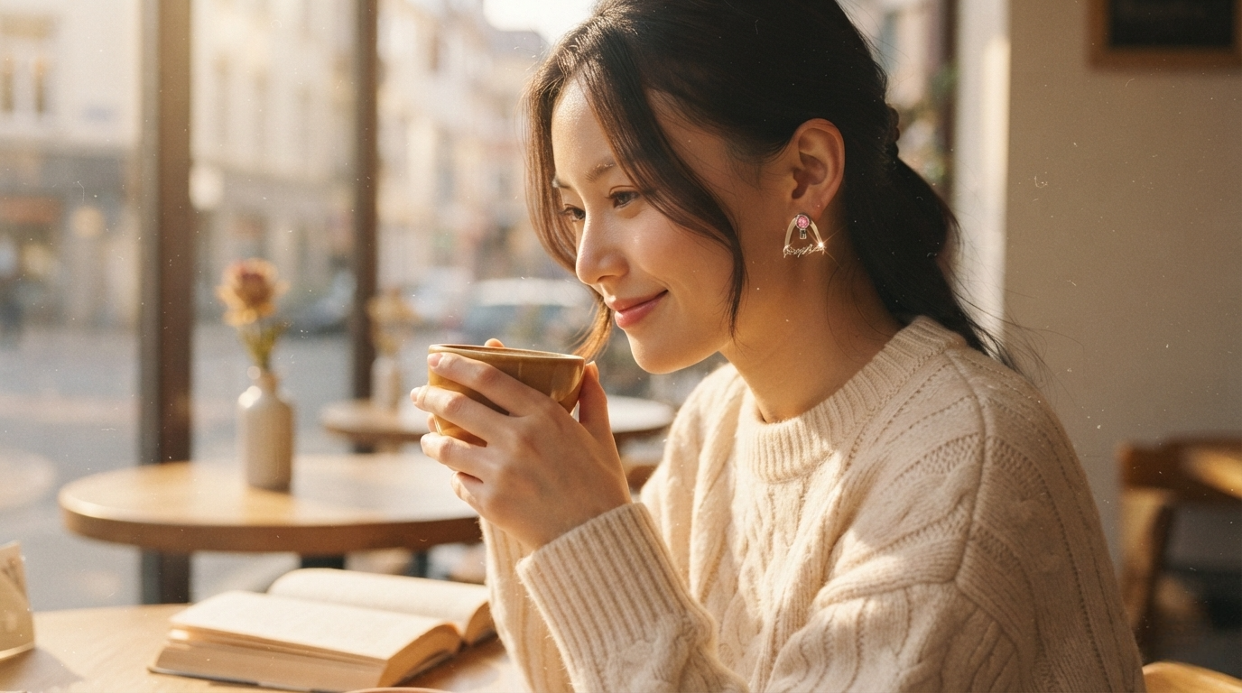 Woman by a sunlit caf&eacute; window wearing personalized birthstone name earrings, warm afternoon light, cozy sweater and coffee cup, intimate lifestyle portrait.
