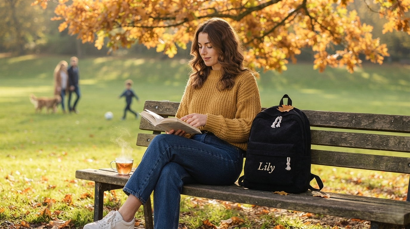 A young woman sitting on a park bench on an autumn afternoon, a corduroy backpack with "Lily" embroidered on it placed beside her, warm golden sunlight, peaceful atmosphere