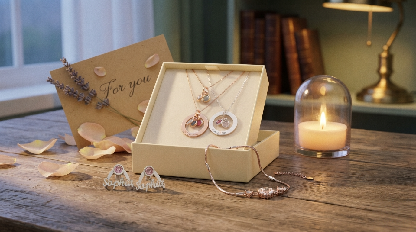Open cream gift box with personalized necklace, birthstone earrings, promise ring, and projection bracelet scattered around, handwritten card, candlelight and twilight, warm cozy still life.