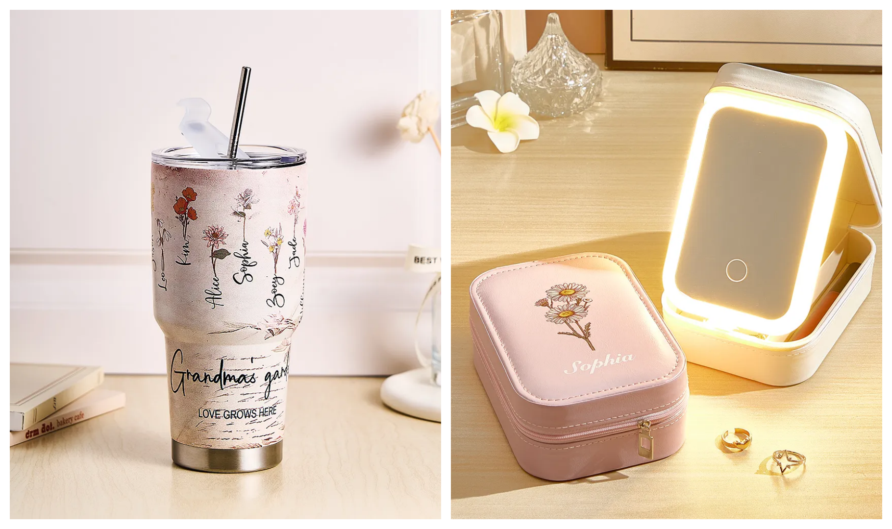 Custom tumbler with watercolor birth flower and name on the left, personalized birth flower leather jewelry box with LED mirror on the right.