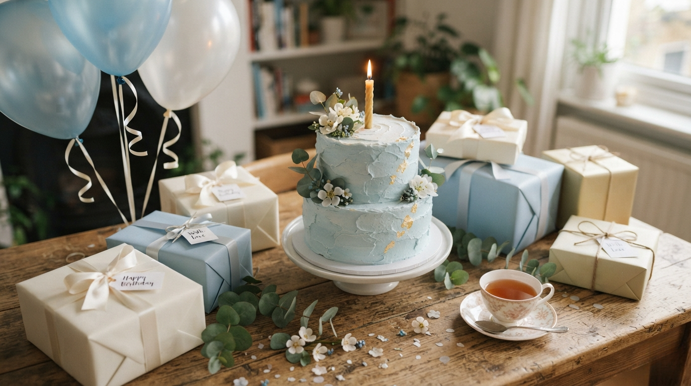 A warmly lit birthday celebration table featuring a decorated two-tier cake with a glowing candle, pastel gift boxes, and floating ice-blue balloons, creating an intimate and heartfelt atmosphere.
