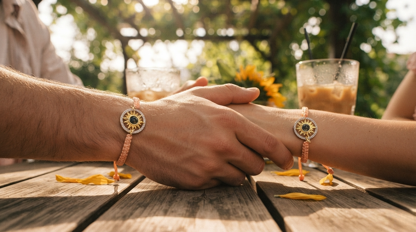 Couple's hands intertwined on a wooden table, both wearing matching sunflower copper projection bracelets, warm golden sunlight, romantic intimate moment.
