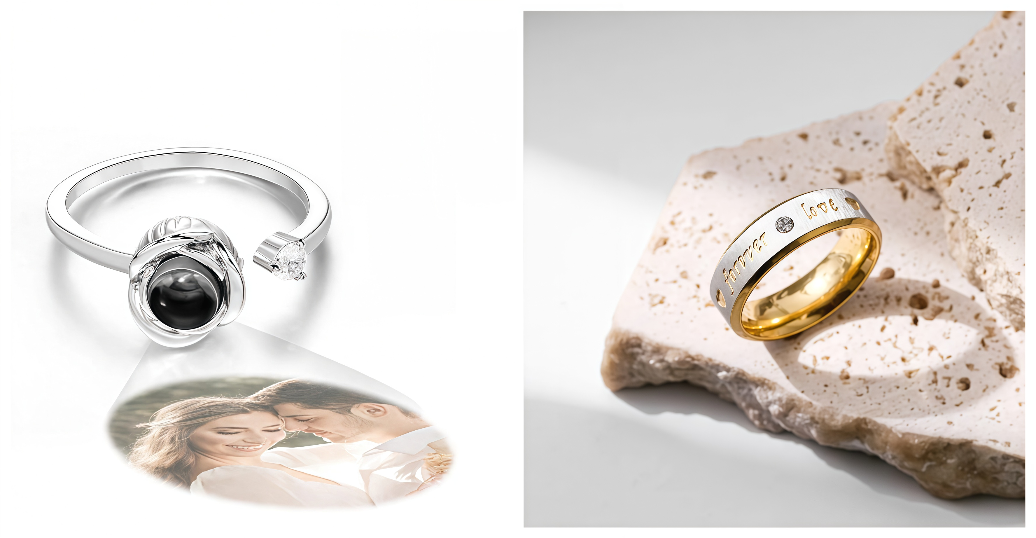 Left: Custom Projection open ring for women (silver, photo projection). Right: Matching stainless steel promise rings for couples.