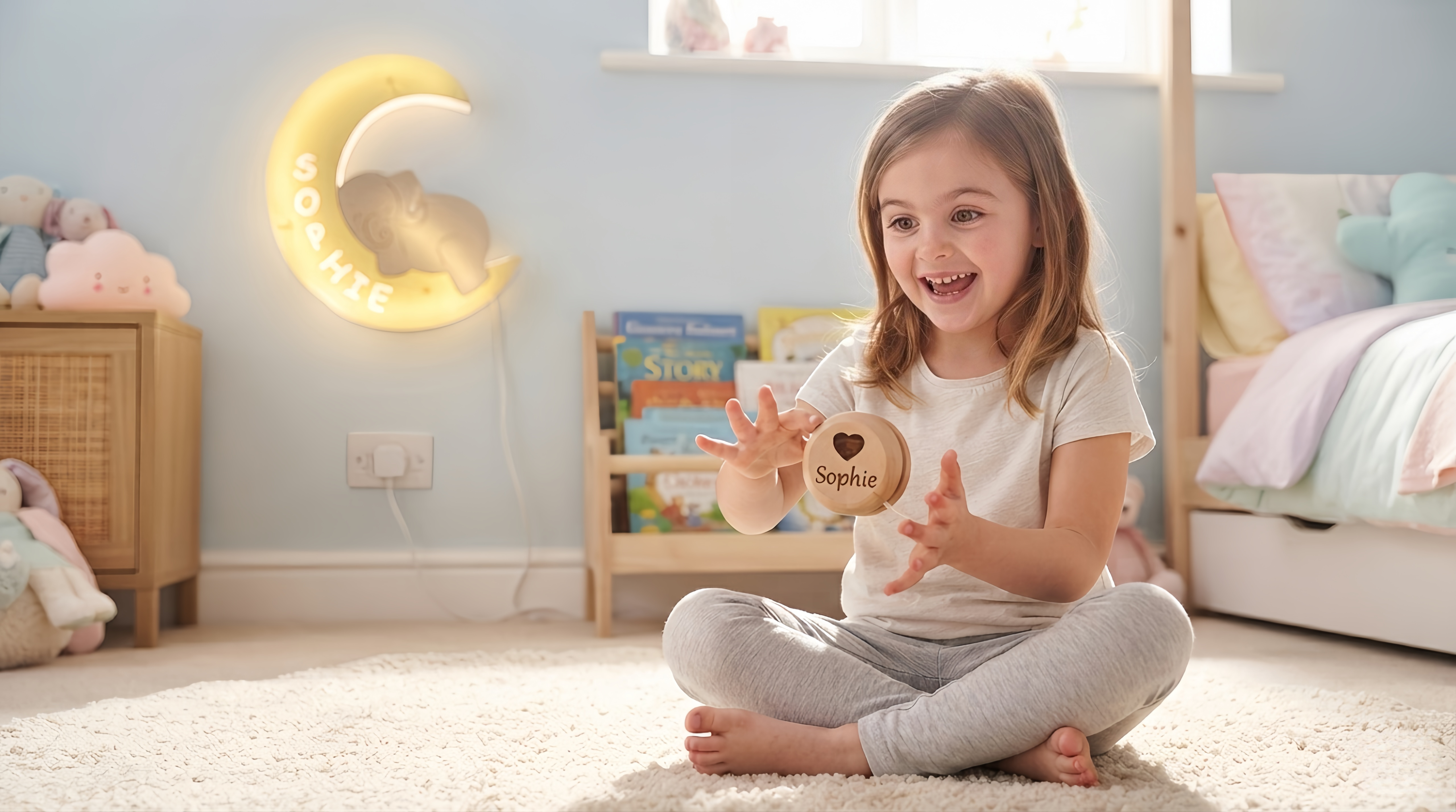 A joyful little girl playing with a personalized engraved wooden yoyo in a kids' room, with a glowing personalized name elephant wall light on the wall behind her, creating a warm and heartfelt birthday gift moment.