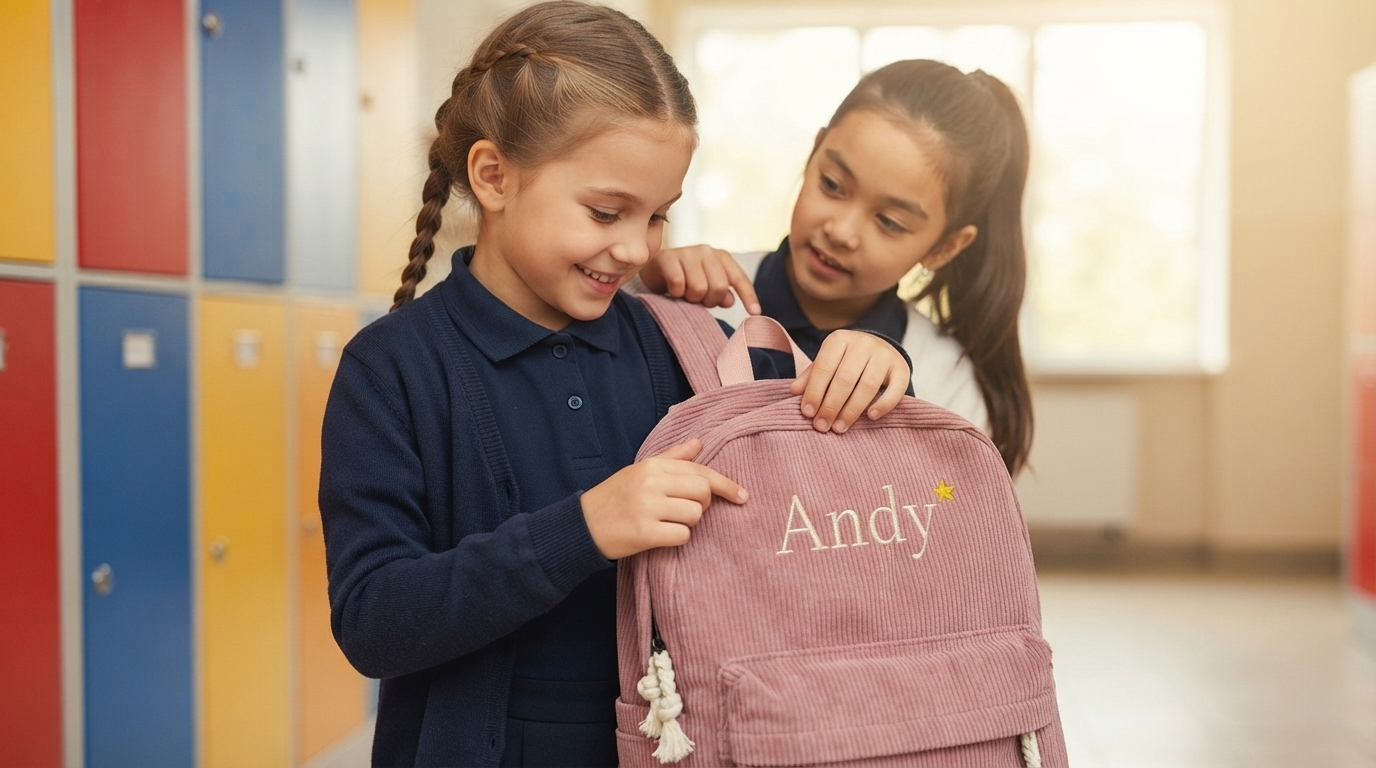 A young girl in a school hallway proudly holding a corduroy backpack with "Andy" and a yellow star embroidered on the front, classmates admiring it in the background