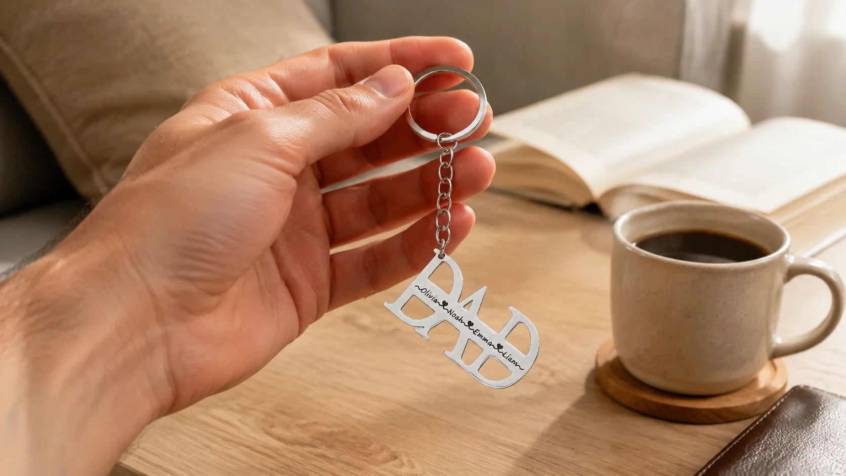 Engraved keychain for dad with DAD and four names, held by a hand in a cozy home setting