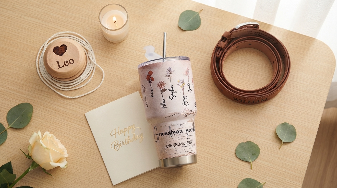 Birthday gift guide cover image featuring a personalized glitter makeup brush holder, a birth flower leather jewelry box, a small cake with a candle, and pastel balloons &mdash; celebrating every age with Ledllyy.