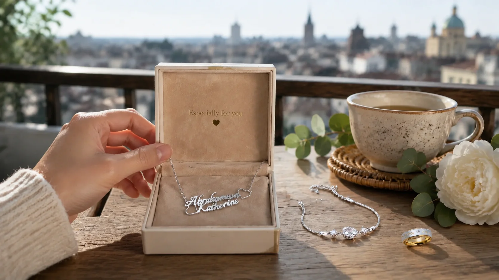 Woman's hands holding open jewelry box on a sunlit balcony, personalized necklace and earrings inside, morning light, city rooftops background, intimate hopeful moment.
