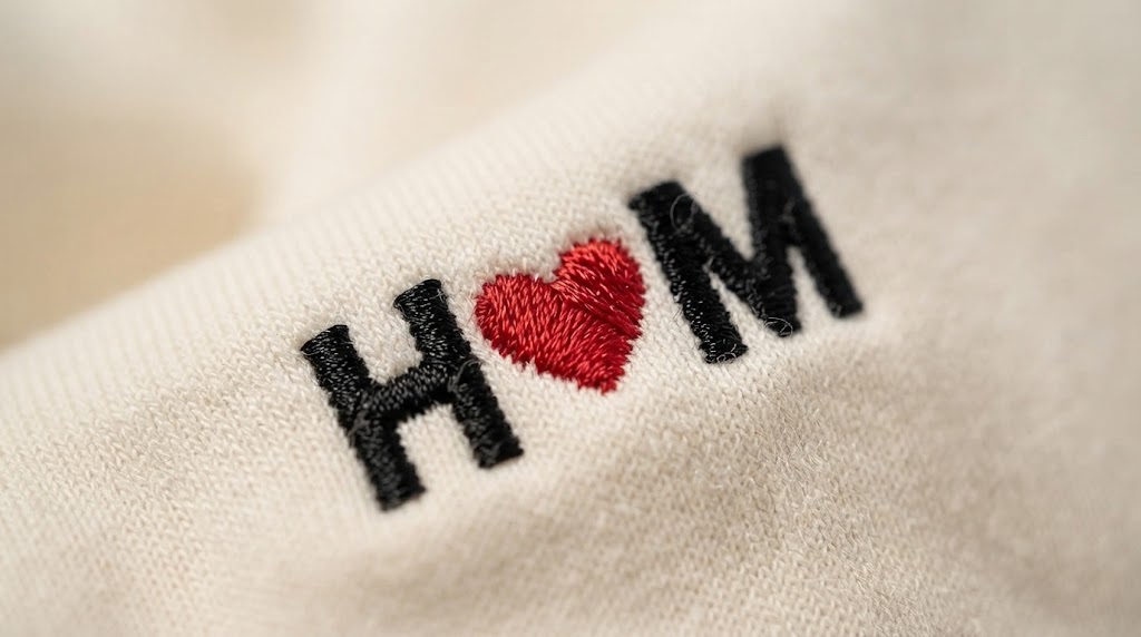 Close-up of embroidered initial on hoodie sleeve